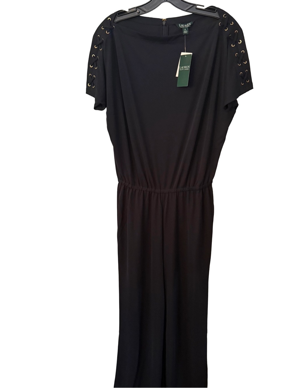 Ralph Lauren Navy Pant Knit Jumpsuit Grommet Laceup Shoulder  Sz M NWT